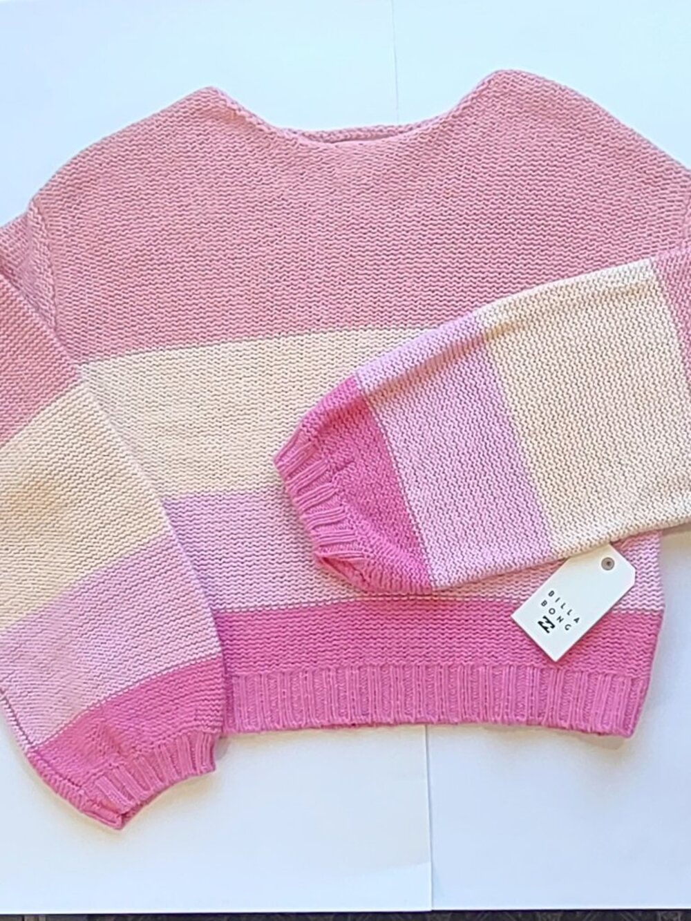 NWT Billabong Seeing Stripes Cotton Sweater Sz Medium Pink Slouchy Crop Pullover - Picture 4 of 11